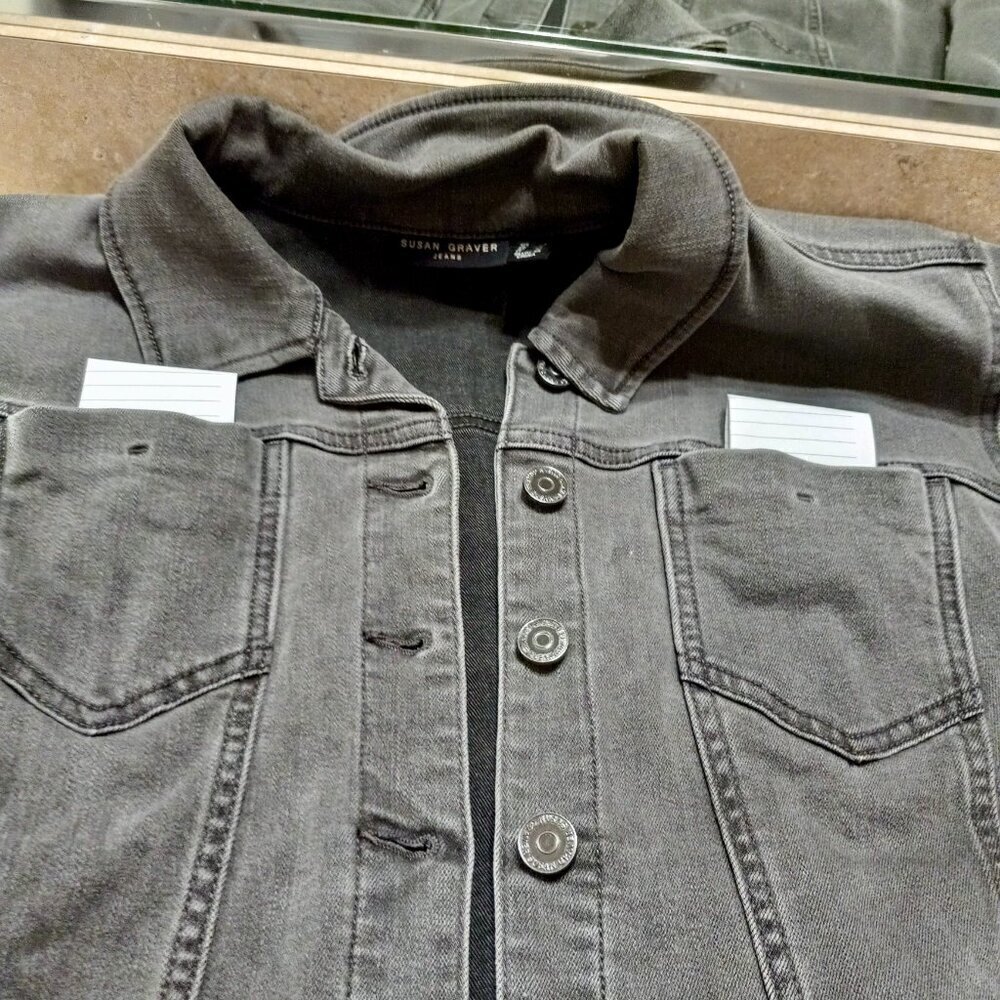 Susan Graver Gray Stretch Denim Jacket L with Frayed Hem - Picture 6 of 14